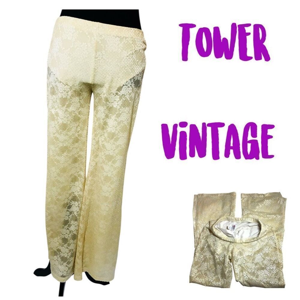 Vintage TOWER Gold Brocade Bell Bottom Pants – Made in USA – Size L